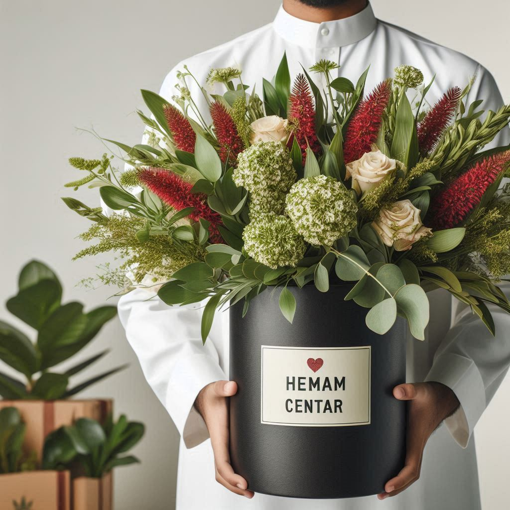 A young Arab person with speacel need, holds a large bouquet of flowers and greenery in a black cylindrical container labeled 'Hemam Centar.' The arrangement features a mix of green leaves and vibrant red and white flowers. The composition is minimalist and aesthetically pleasing, highlighting the elegance of the floral display.