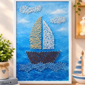 لوحة فنية خشبية من الخيط والمسمار بتصميم بحري مميز مقاس 50*35 سم للديكور