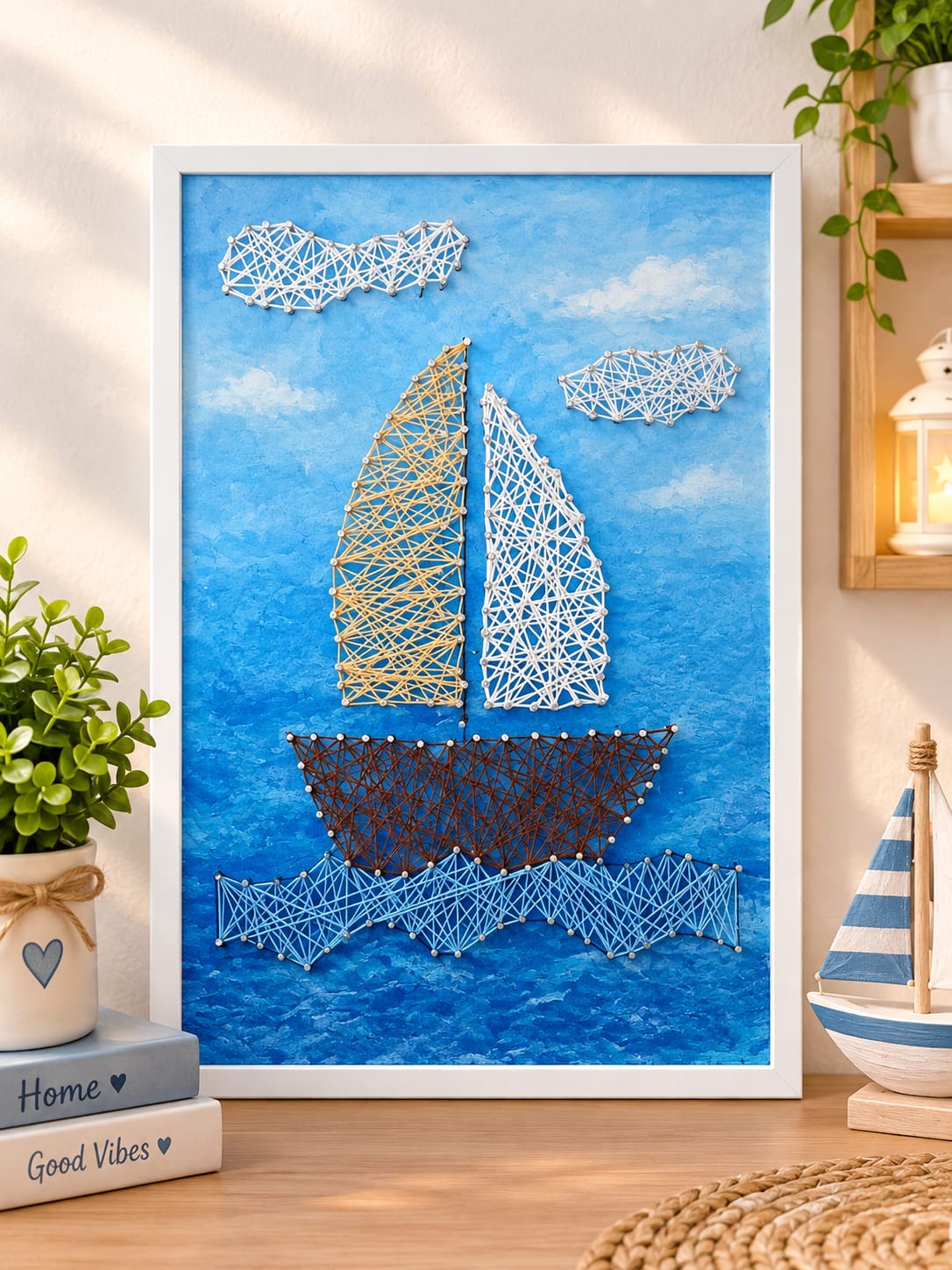 لوحة فنية خشبية من الخيط والمسمار بتصميم بحري مميز مقاس 50*35 سم  للديكور 